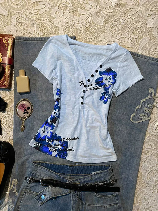 Light Blue V-Neck Printed Short-Sleeve T-Shirt for Women, Summer Contrast Panel Design, Subtle Vintage-Inspired Statement Top