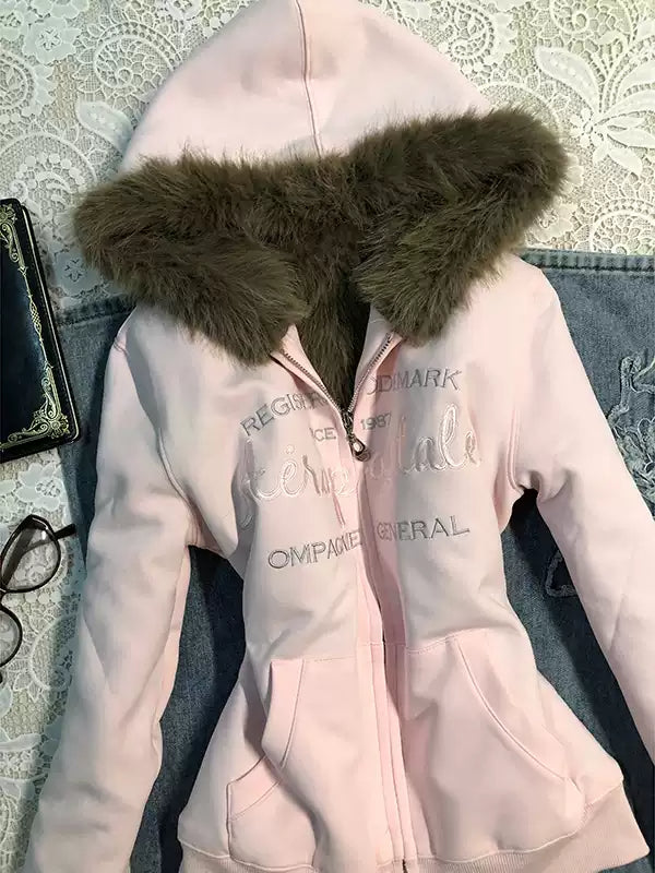 pink velvet hooded sweatshirt jacket