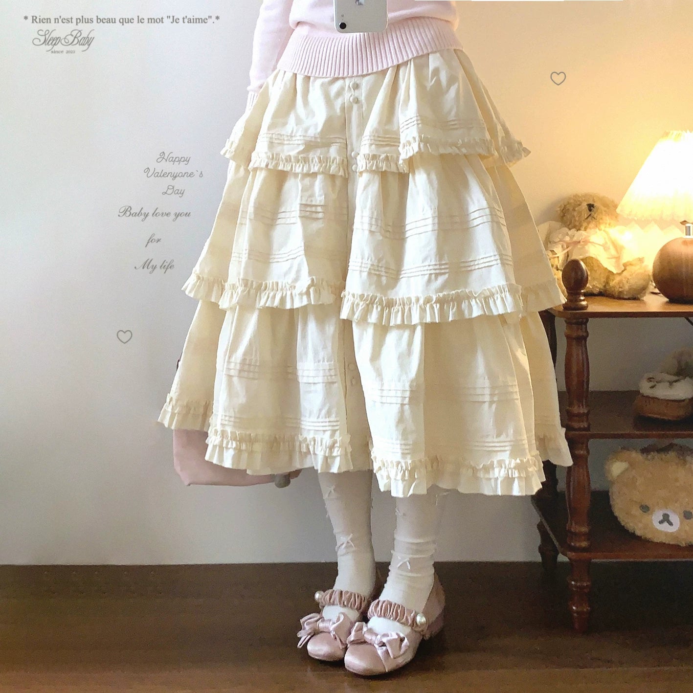 sleepdoll Handmade “Miao Hua Zhi Yuan” Woodland-Inspired Single-Button Sweet Solid Color Pleated Tiered Ruffle Skirt