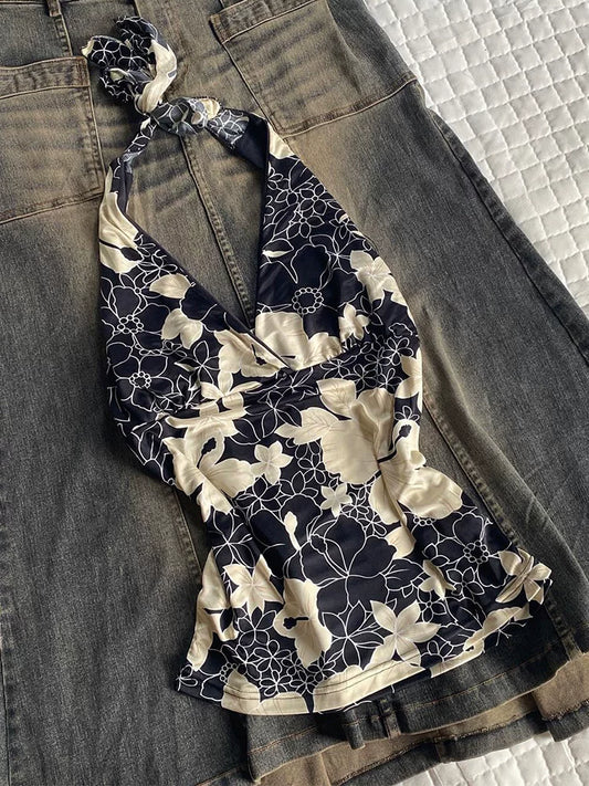 Floral Print Halter Cami Top, 2026 Summer Vintage Slimming Trendy “Hot Girl” Tank