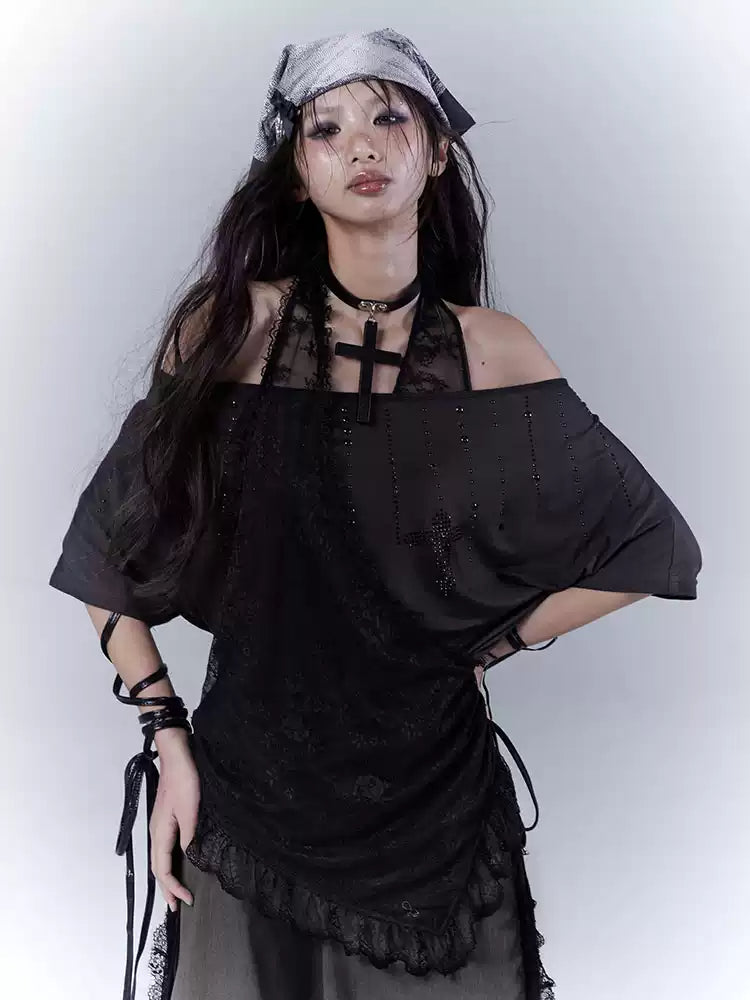 Grunge Lace Halter Neck T-shirt