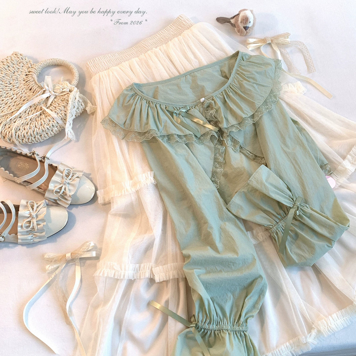 Sleepingdoll Handmade* Lace Ruffle Collar Gentle-Style Tied Ribbon Lace-Up Chiffon Long-Sleeve Cardigan Outerwear