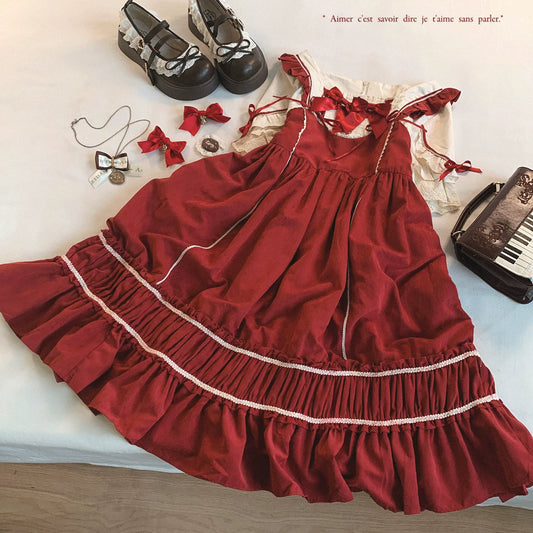 Last-Season Clearance, Non-Standard Vintage Lace Bow Color-Blocked Daily Soft Girl Dress