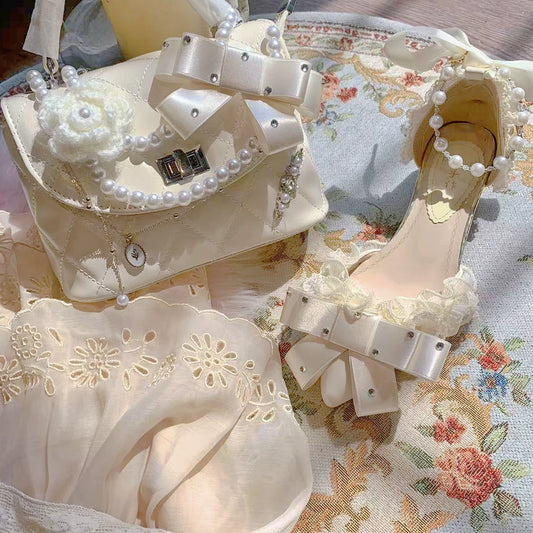 SwtCor Sweet Almond Original Lace Satin Bow Pearl Heeled Sandals Gentle Lolita-Style Elegant Fairy Shoes