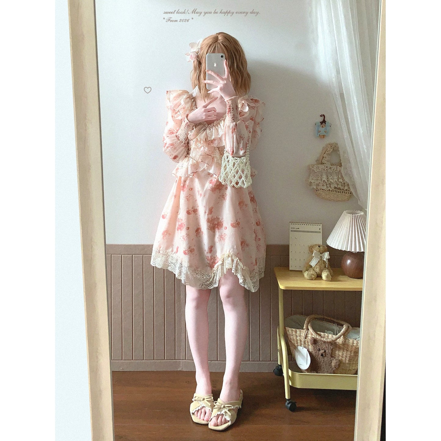 Final Stock yxt* French Vintage Lace Trim Sweet Floral Jacquard Midi Dress
