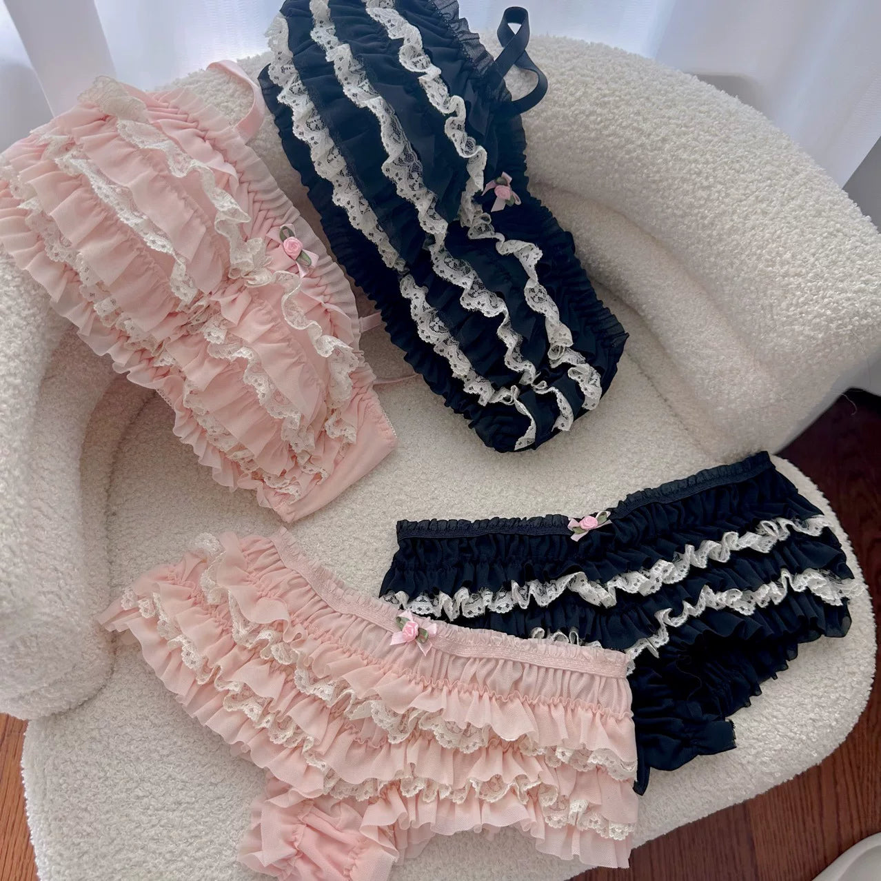 2026 New Japanese-Style Cute Soft Mini Cake Bra & Panty Set with Bow, Lightweight Layered Lace Underwear Skirt