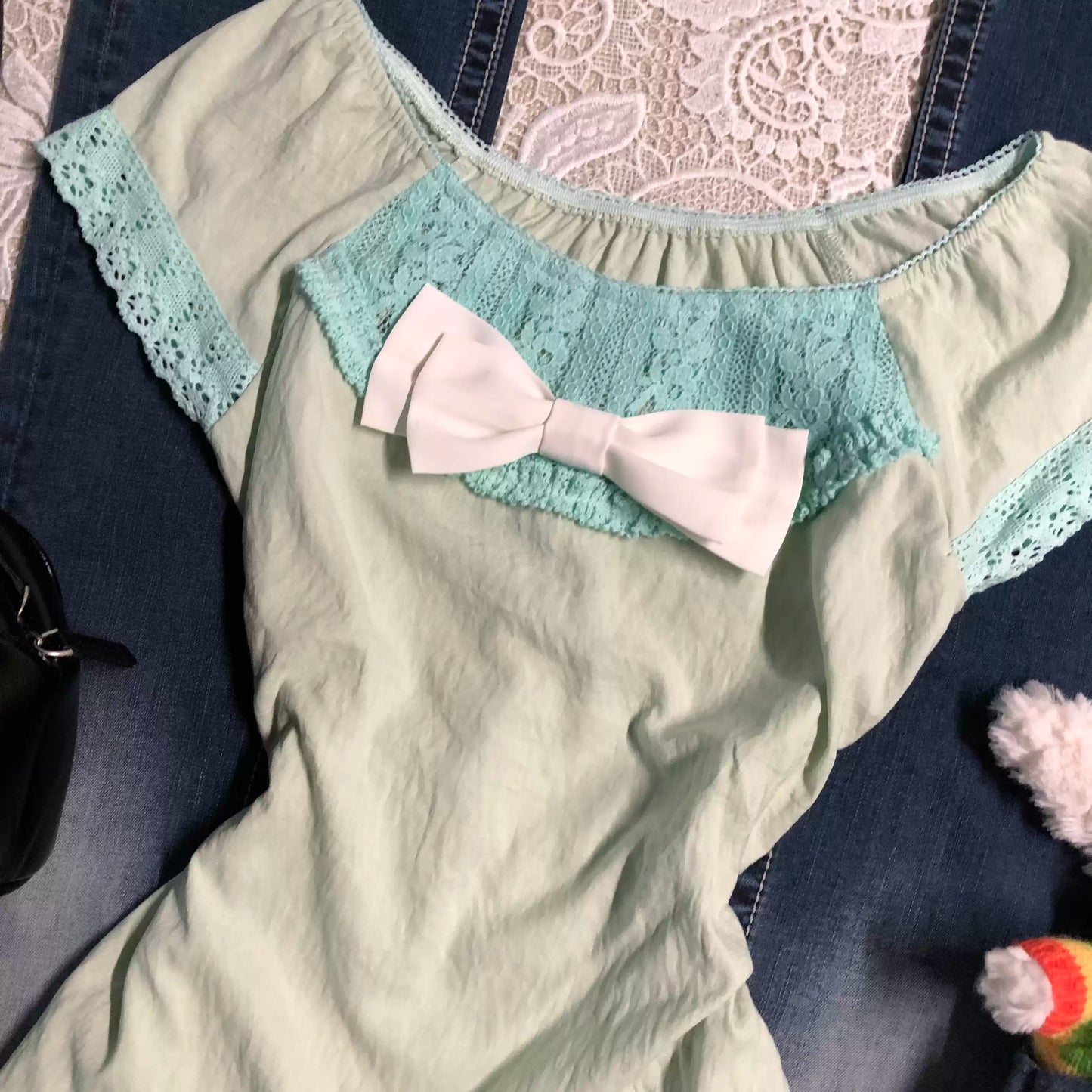 y2k fresh green lace shirt