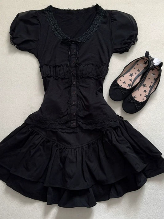 Black Lace Panel Short-Sleeve Shirt for Women Summer Vintage Thrift-Style Outfit Set Dress