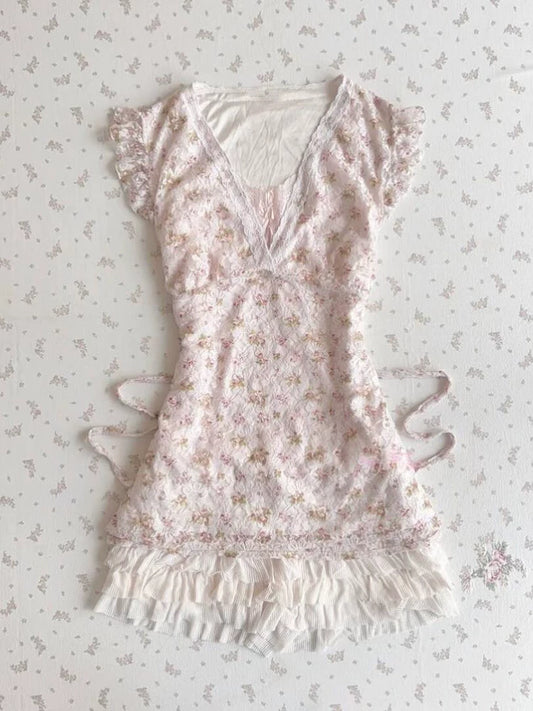 Gothic Rose Original Pink Sweet Floral Chiffon-Style Flounce Sleeve V-Neck Top with Flowy Flutter Sleeves for Summer — Small Designer Style for Women