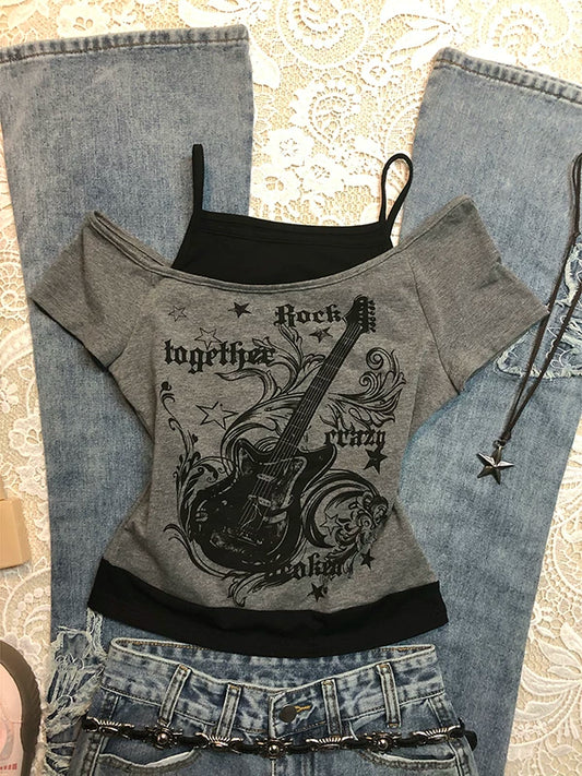 Hya Homemade Original Grey Irregular Two-Piece Look Short-Sleeve T-Shirt for Women Summer Vintage Cinched Waist Outfit Top