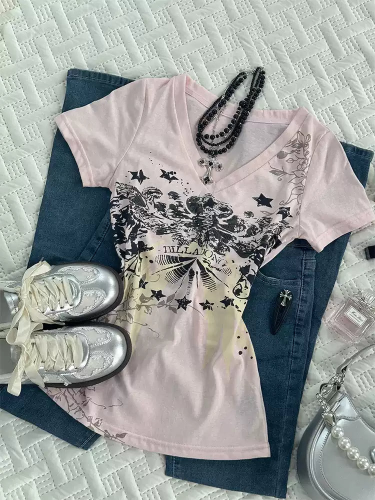 Pink Print V-Neck Top