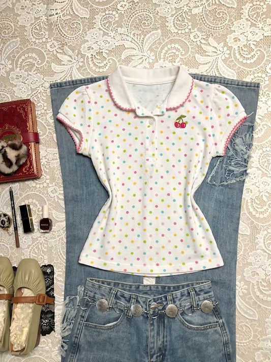 White Polka Dot Cherry Embroidered Sweet And Youthful Short-Sleeve Top for Summer Girls
