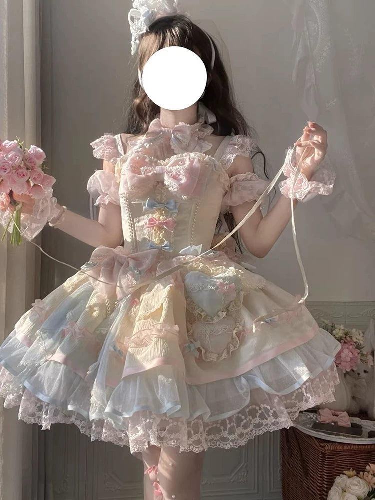 Blue-Pink Cute Ballet-Inspired Little Flower Sweet Lolita Dress With Flowy Princess Cake Skirt Lolita Outfit