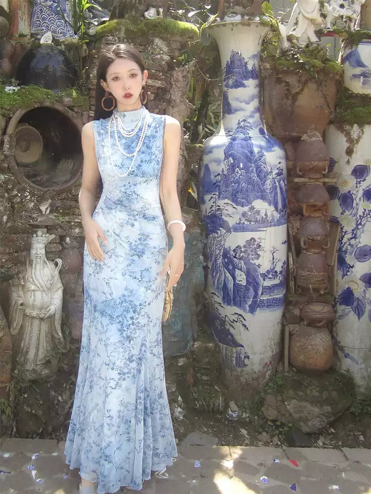 Blue Porcelain Tie-dye Cheongsam Dress