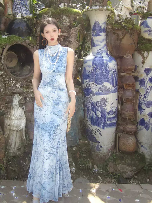 Blue Porcelain Tie-dye Cheongsam Dress