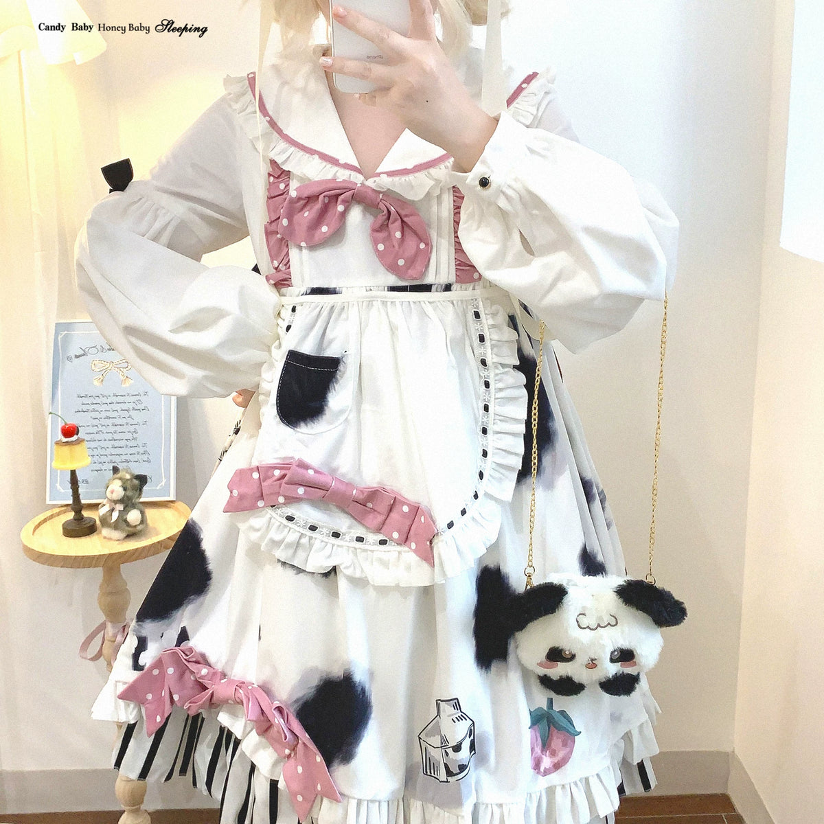 Last-chance HCLL Navy Peter Pan Collar Cute Polka Dot Bow Appliqué Cow Pattern Bib Apron Patchwork Striped Lolita Dress