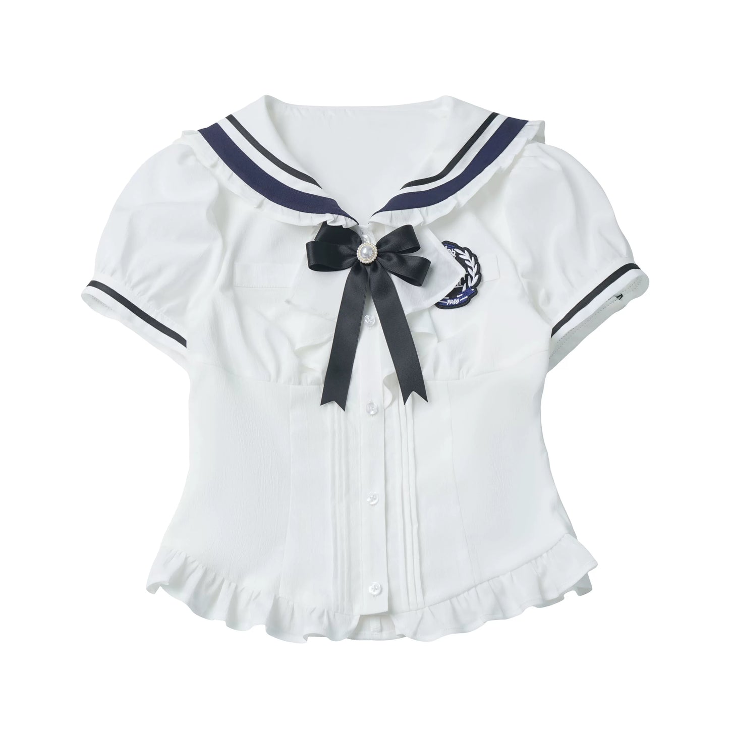 In-Stock & Ready to Ship【Chunxi Women】 Korean-Inspired Academy Waist-Tie Lace Bib Dress in Blue & White with Bow Tie