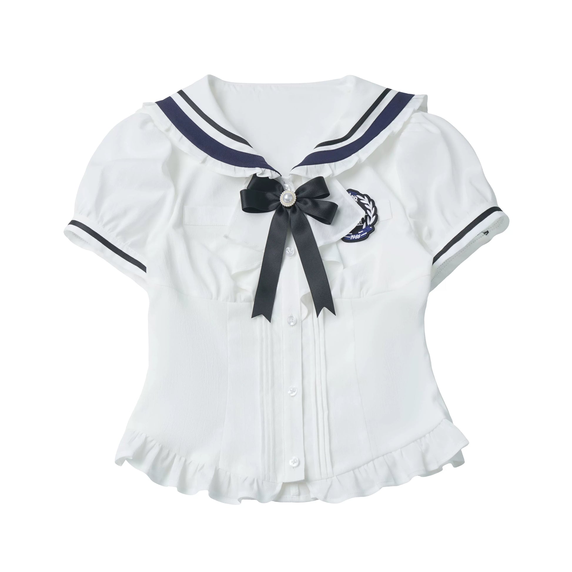 In-Stock & Ready to Ship【Chunxi Women】 Korean-Inspired Academy Waist-Tie Lace Bib Dress in Blue & White with Bow Tie