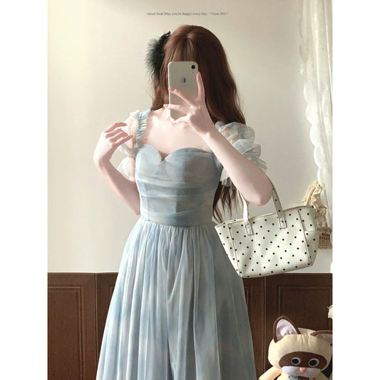 Final Stock CYSK Vintage Floral Net-Tulle Elegant Watercolor Ombre Waist-Cinching Dress*