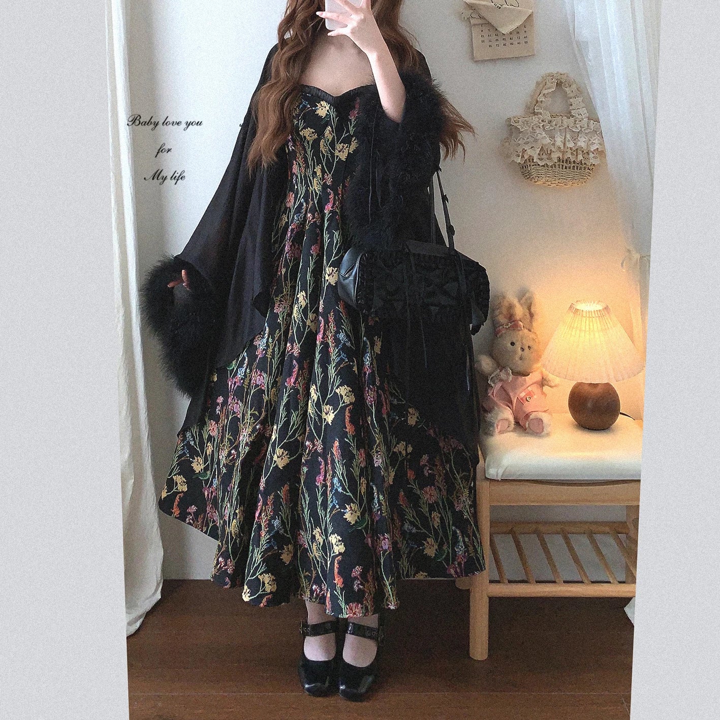 Last-Stock GDRX Vintage Hepburn-Style Oil Painting-Inspired Jacquard Elegant Sheen Satin Shoulder-Strap Slip Dress