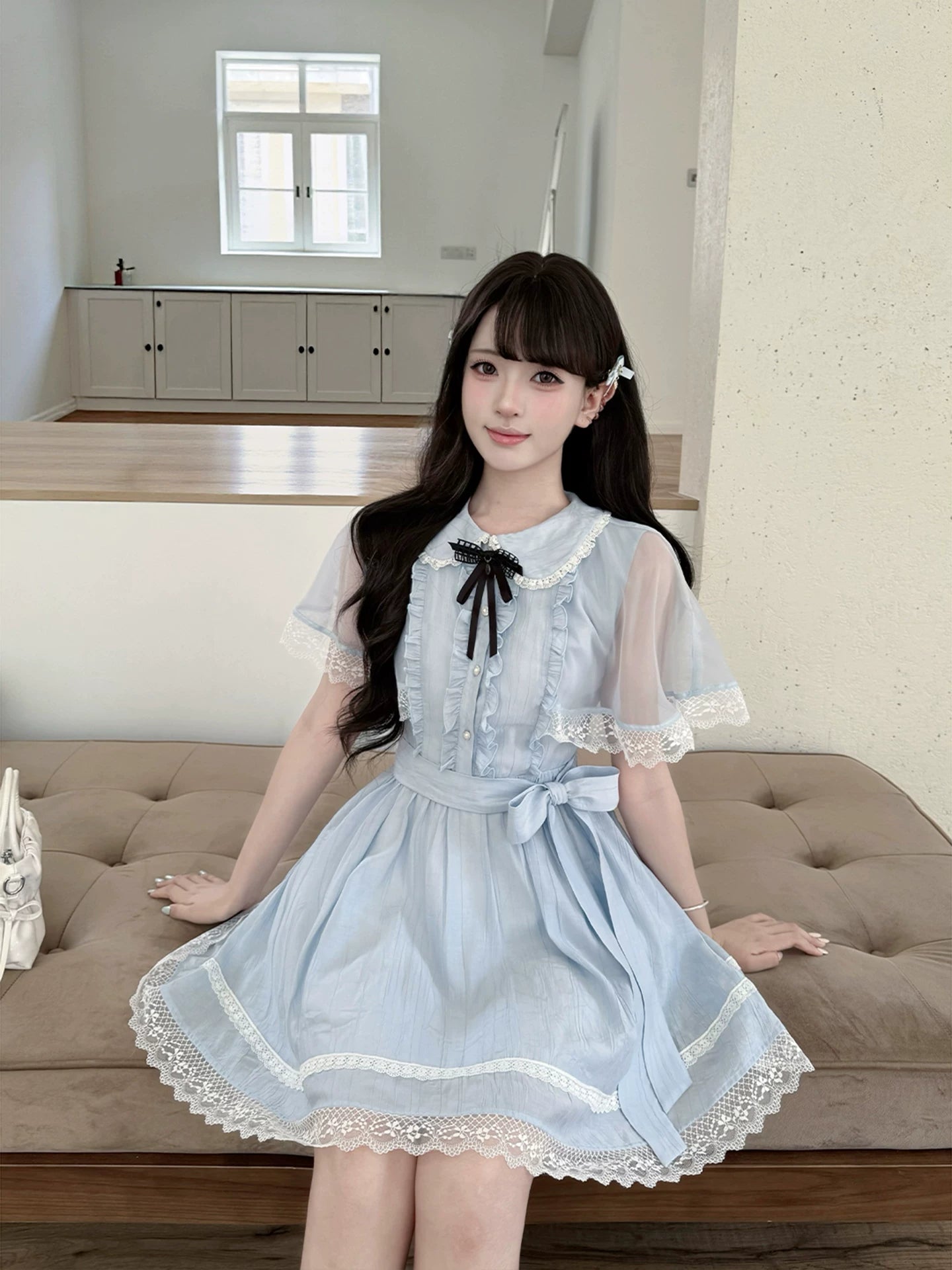 LaLa Sauce YU Qingxia Clear-Style Blue Girls’ Lace-Detailed Chiffon Cape Dress with Waist Cinching Sweet Princess Silhouette