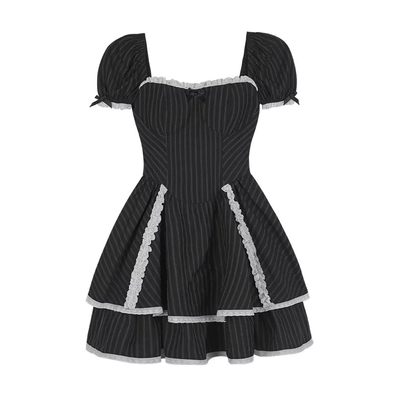 SagiDolls Girls’ Fighting Spirit #Sugar Frost Black Forest# Dark Striped Lace Cake Dress Lolita Sweet