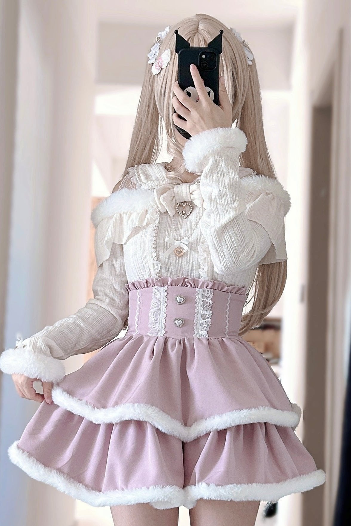 [Pre-order Item] Pearl Lace Ribbon Love Heart Fur Knit Top