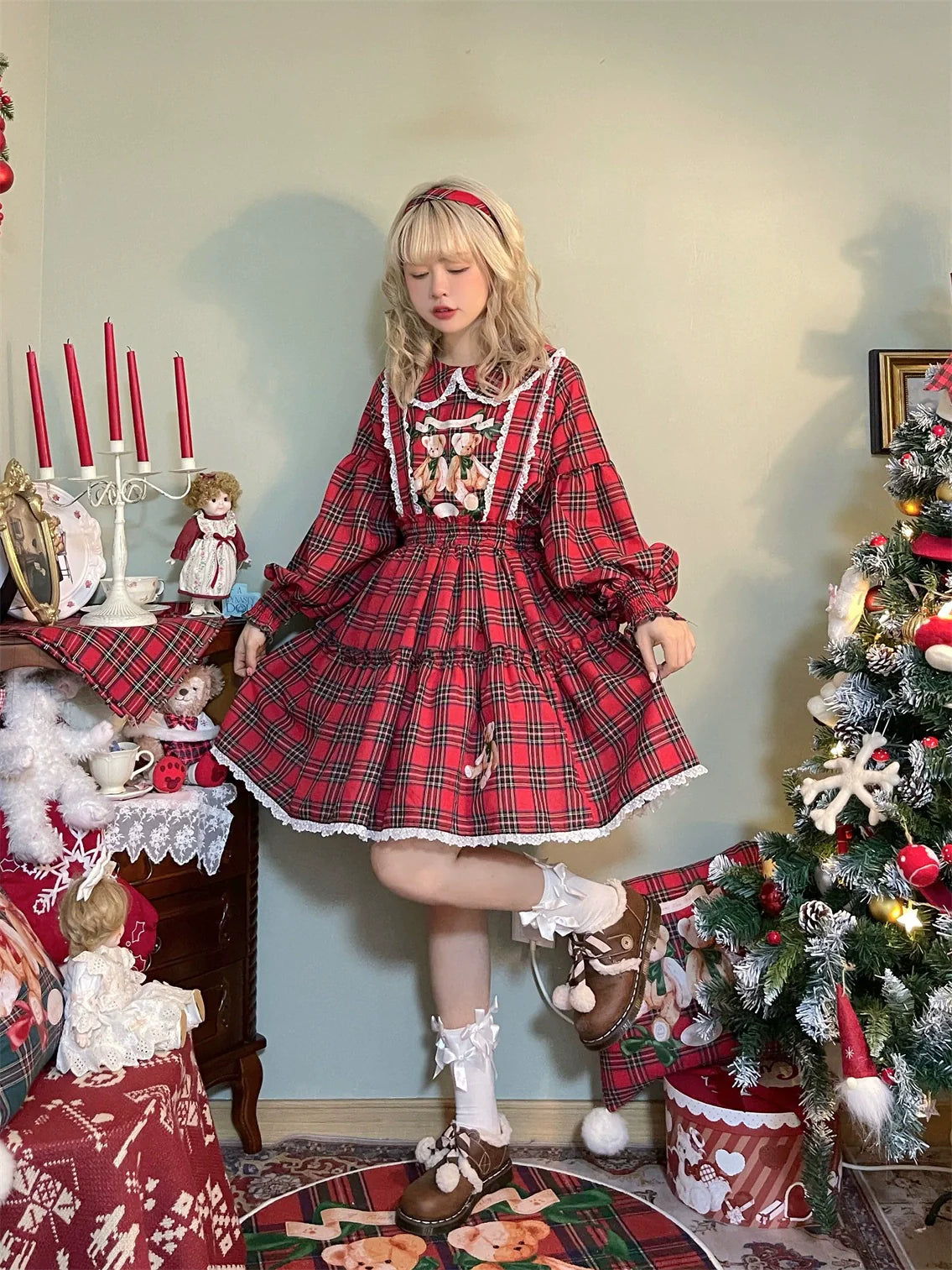 Christmas Vintage Lolita Skirts Doll Collar Blouse Plaid Skirt Set