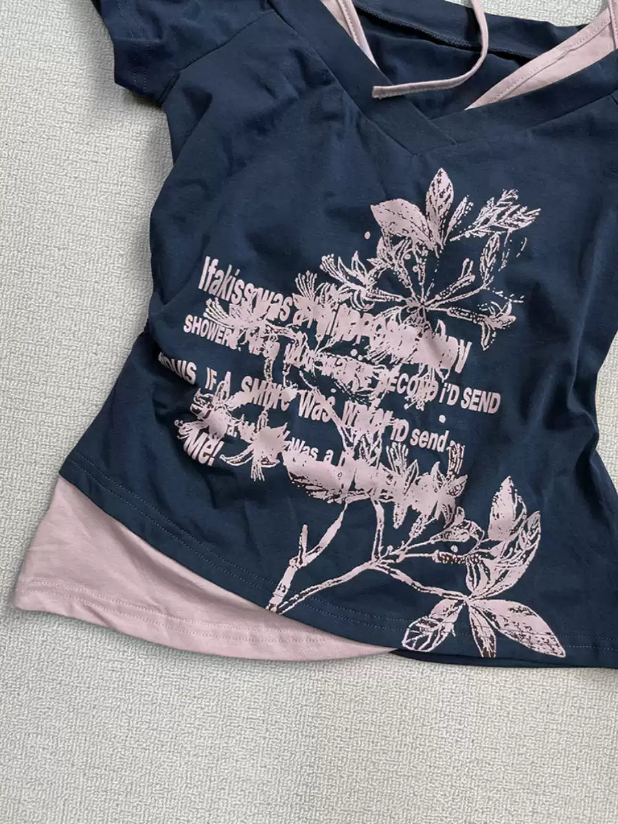 Blue off-shoulder short-sleeved T-shirt