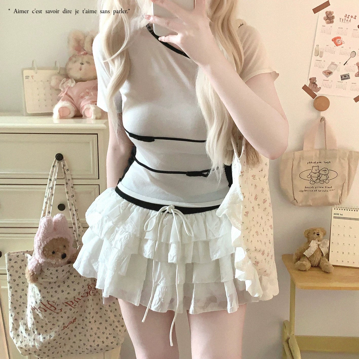 Last-Stock SK Contrast-Band High-Waist Hollow Lace Patchwork Layered Cake Midi Skirt