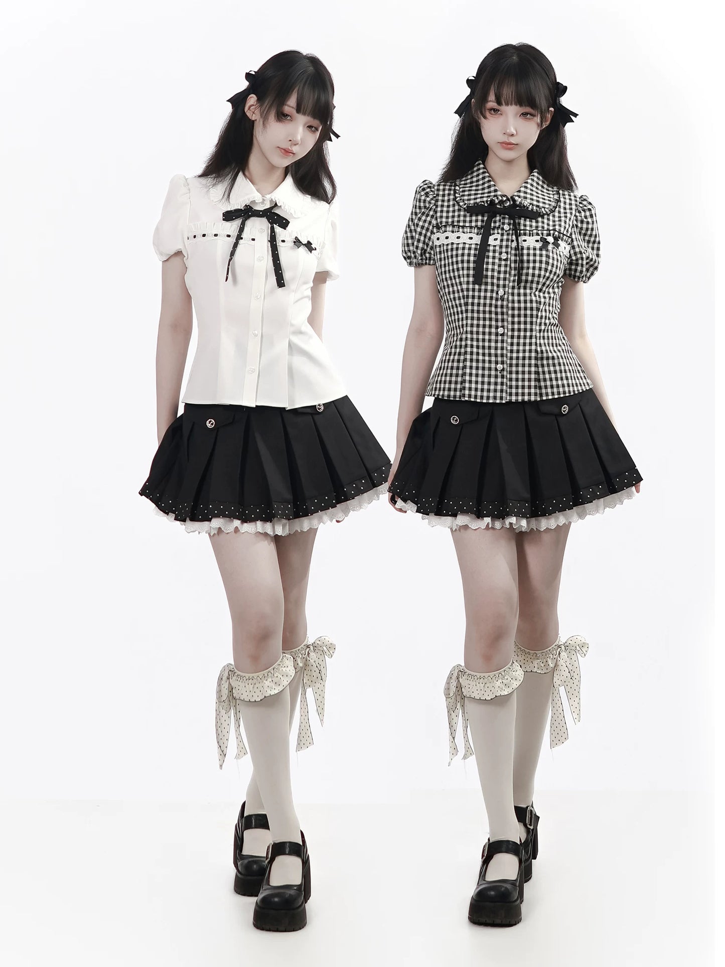 【Rose Poetry Collection】 Holiday Waist-Defining Black-and-White Color-Block Polka Dot Lace Hem Skirt, Korean Style for a Slimming Look