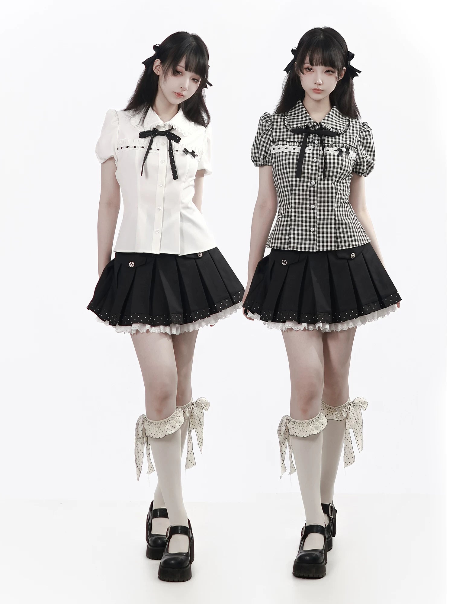 【Rose Poetry Collection】 Holiday Waist-Defining Black-and-White Color-Block Polka Dot Lace Hem Skirt, Korean Style for a Slimming Look