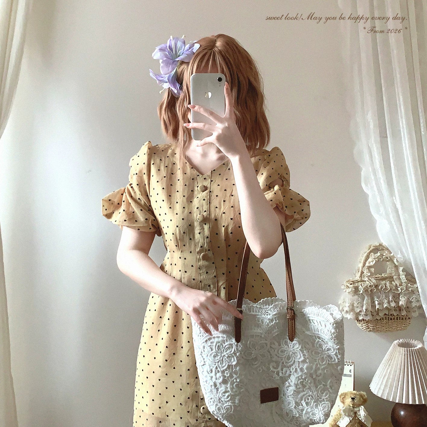 Last-Stock Vintage-Inspired Heart Polka Dot Print Pleated Puff-Sleeve Single-Breasted Dress