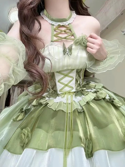Camellia Contract Green Lolita Off-Shoulder Dress for Women, Puffy Wedding-Style Gown, Adult Debut Ceremony “Runaway Princess”