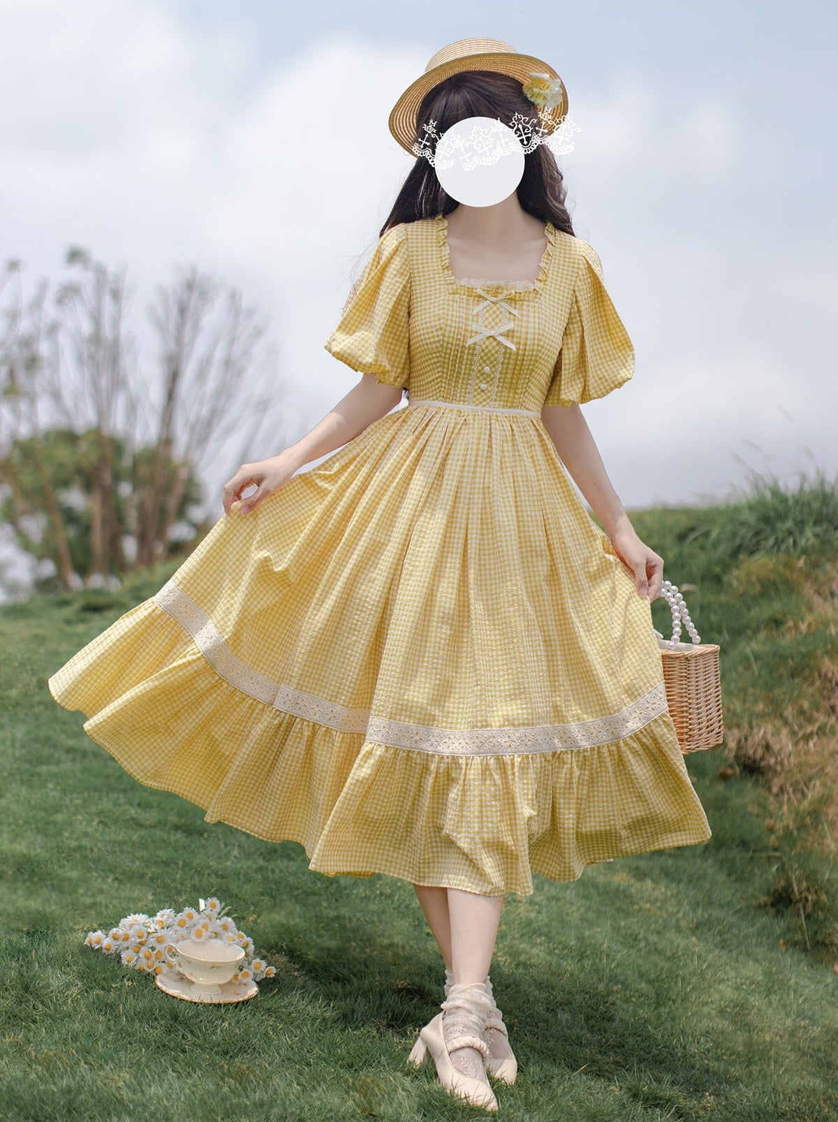 【Pre-order item】Retro Girly Yellow Dress + Apron + Ribbon