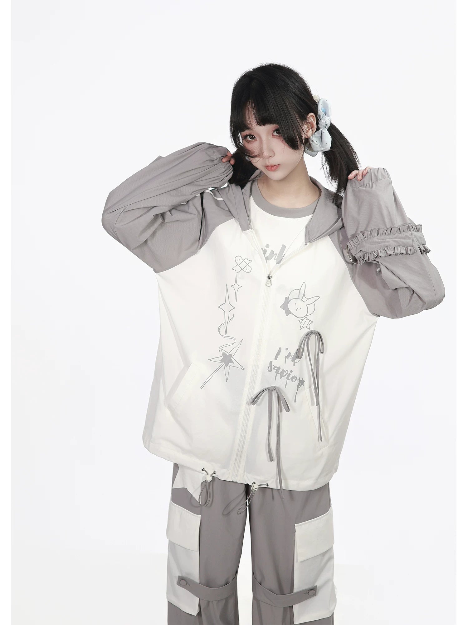 Pinksavior【Cool Glacier】White-and-Gray Contrast Summer Lightweight Jacket & Pants Set with Short Sleeves—Age-Reducing