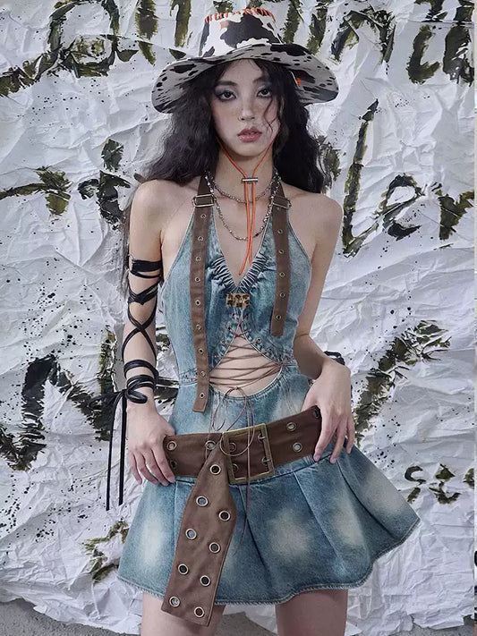 Hollow Straps Denim Style Short Dress