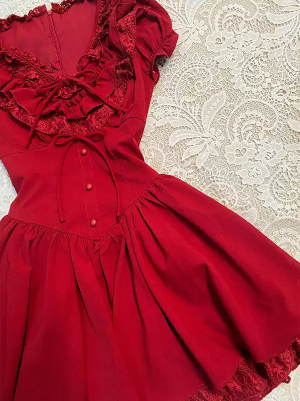 red lace v-neck shirt dress