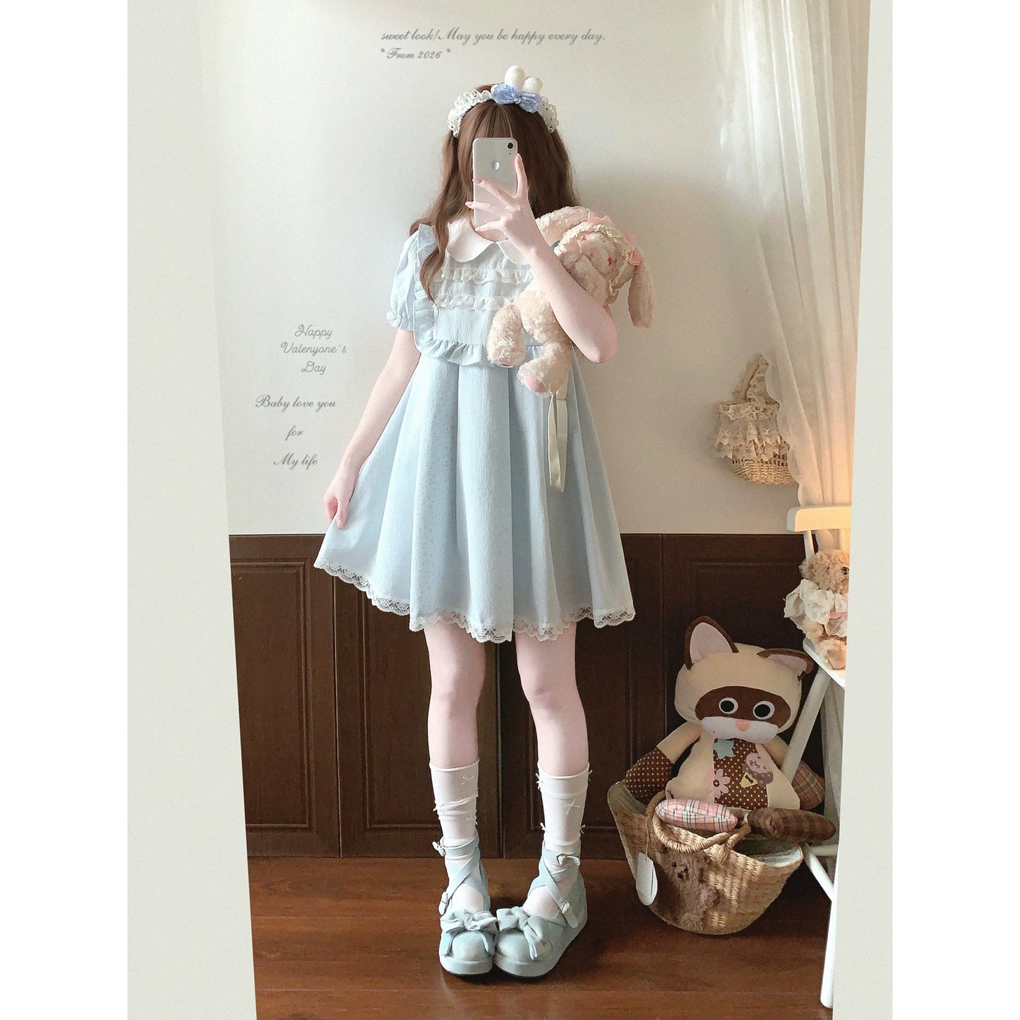 Last-Season Clearance NCX* Sweet Style Adorable Doll Collar Lace Ruffle Puff Sleeves High-Waist Dress