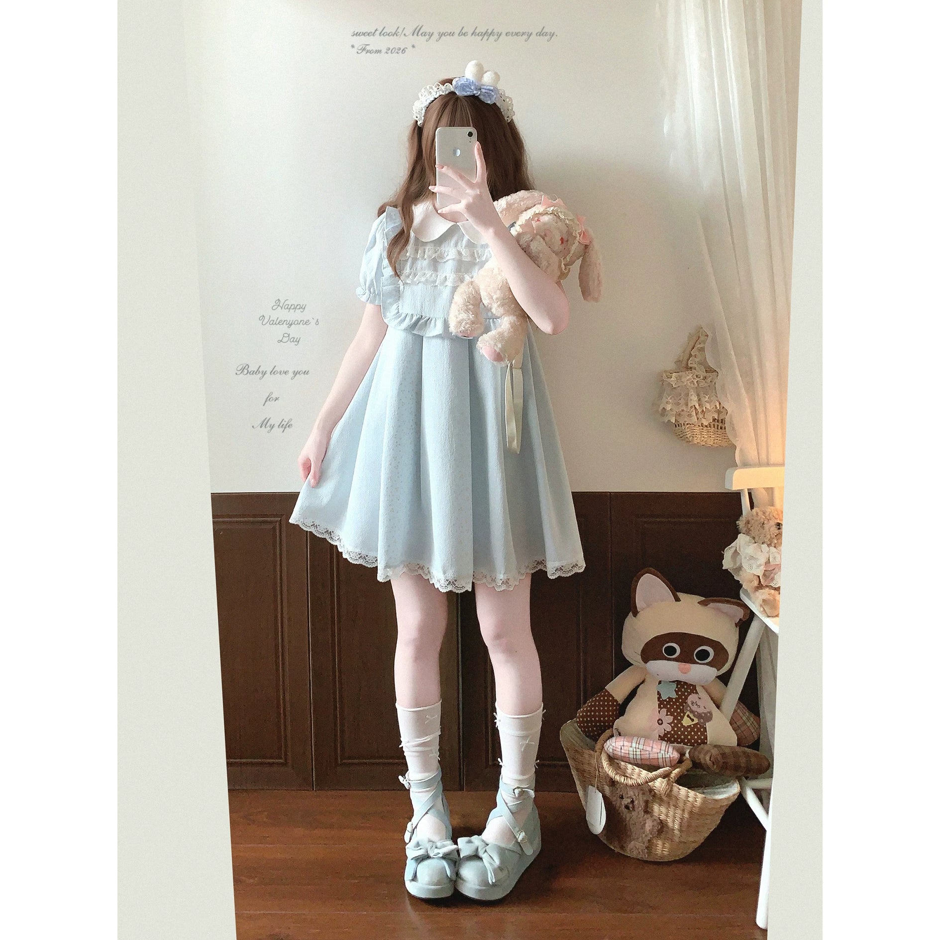 Last-Season Clearance NCX* Sweet Style Adorable Doll Collar Lace Ruffle Puff Sleeves High-Waist Dress