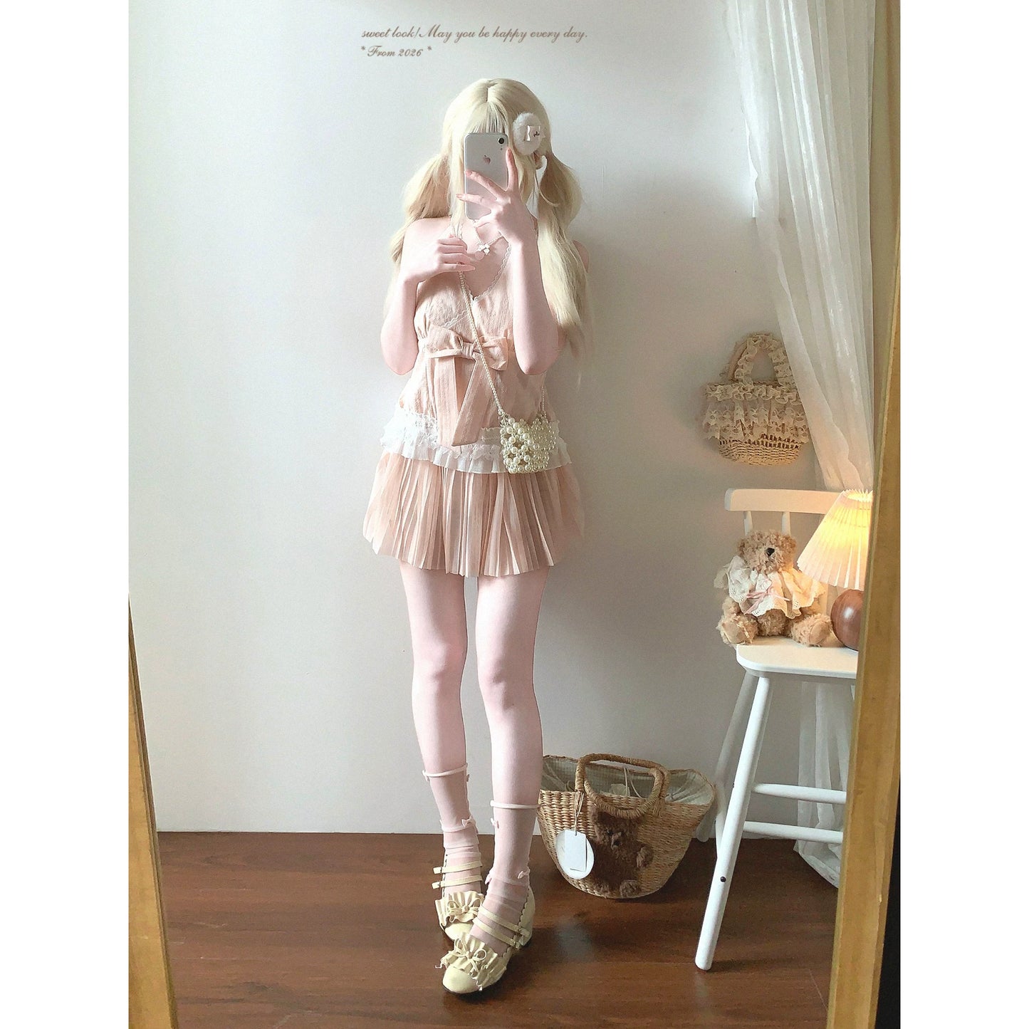 Final-Call Joykik* Pure-Desire Sweet Jacquard Bow Butterfly Tie-Up Off-Shoulder Top