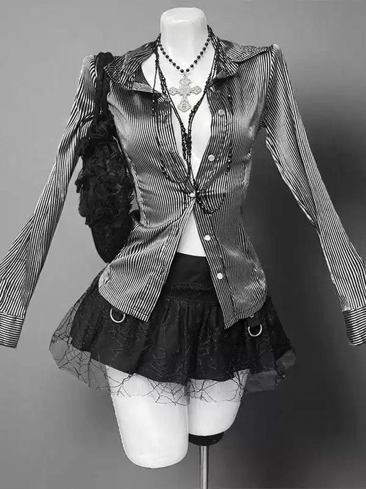 Gothic style suit striped lace waist shirt