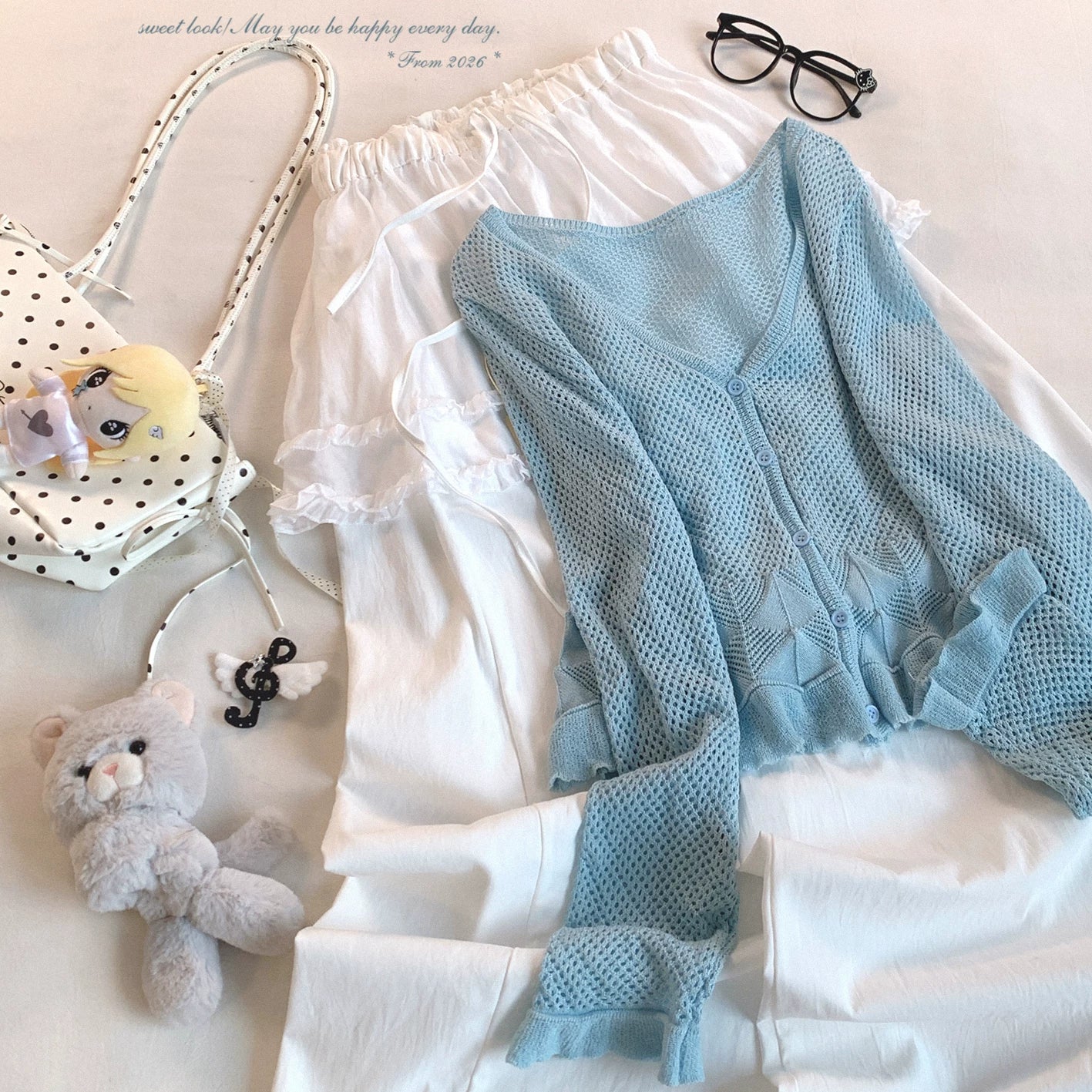 Final Stock Sweet Style Lightweight Ruffle Hem Lace-Trim Knit Cardigan Outerwear