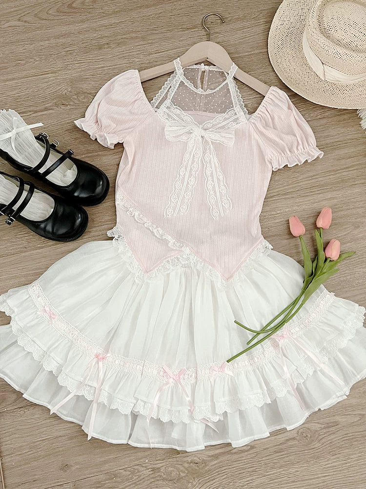 LaLa Sauce Sweet Tide Original Design Cute Soft Girl Outfit—Sweet & Adorable Top and Short Skirt Two-Piece Set, New for Summer