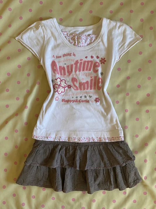 White Letter Print Patchwork Short-Sleeve Top—Sweet, Quirky “Two-Piece Look” T-Shirt