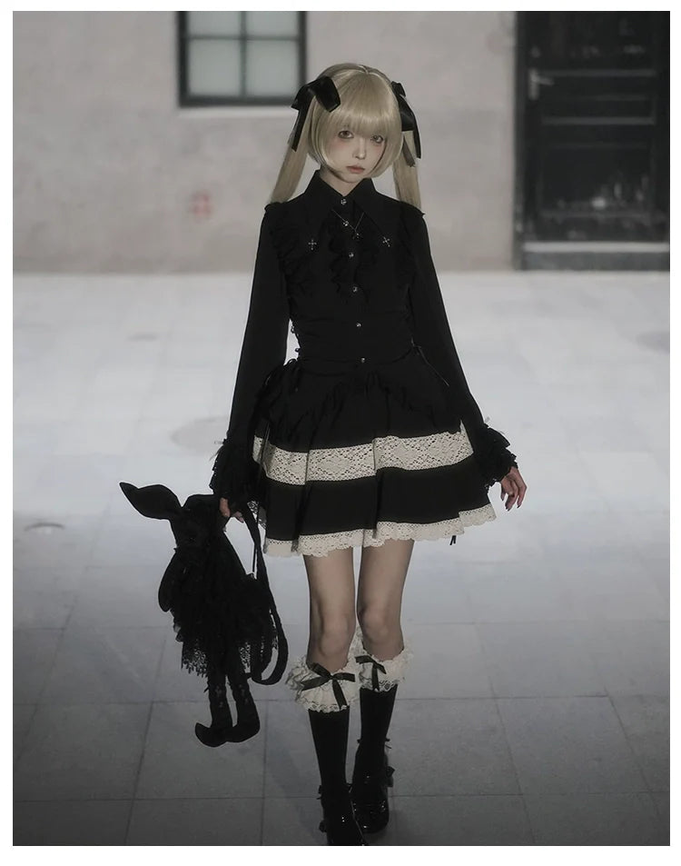 Gothic Lolita Blouse Black White Waist-Tie Shirt