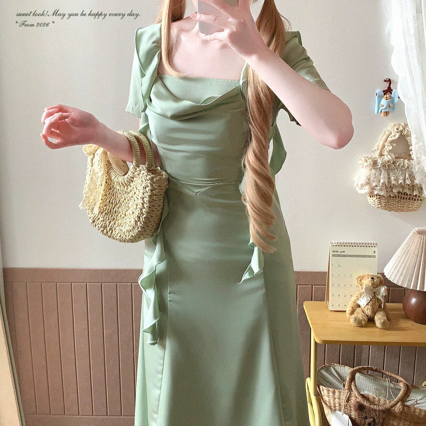 End-of-Season WDD Mint Mambo Elegant Glossy Satin-Feel Contrast-Edge Ruffle Tie-Waist Dress