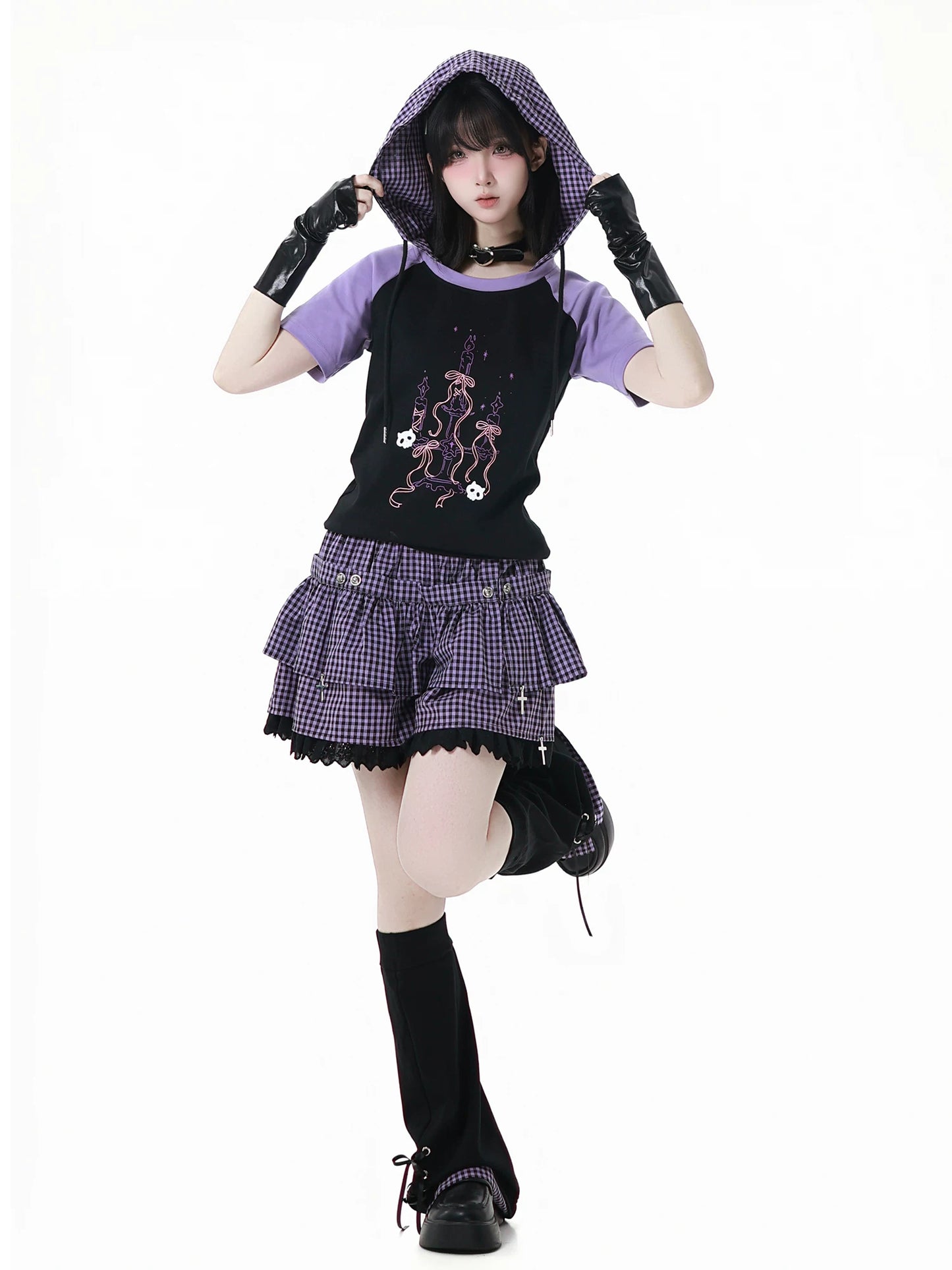 Ready Stock & Fast Shipping 【Interwoven Dreamscape】 Purple Grid Summer Waist-Cinching Color-Block Slimming Cute Short-Sleeve Two-Piece Set
