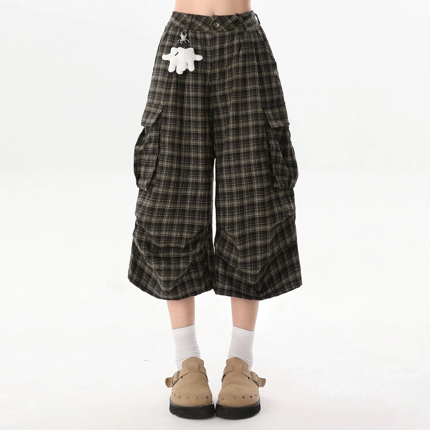 Plaid Culottes with White Bear Patch Detail