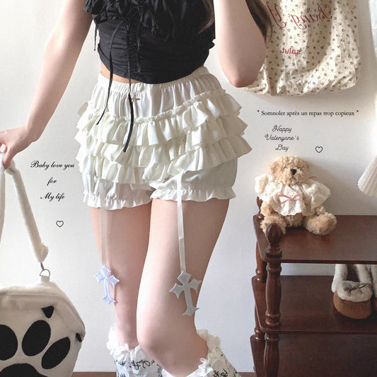 sleepingdoll Handmade Cross Layered Lace Ruffled Cake Half Skirt “Pumpkin Pants”